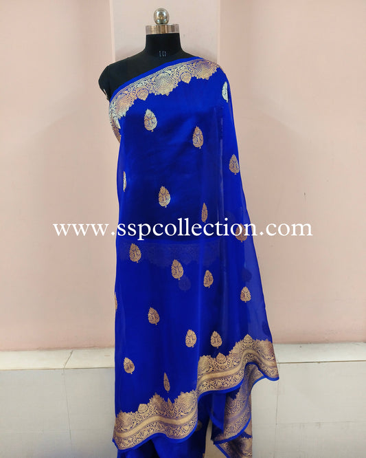 Royal-Blue Pure Kora Silk Banarasi Saree