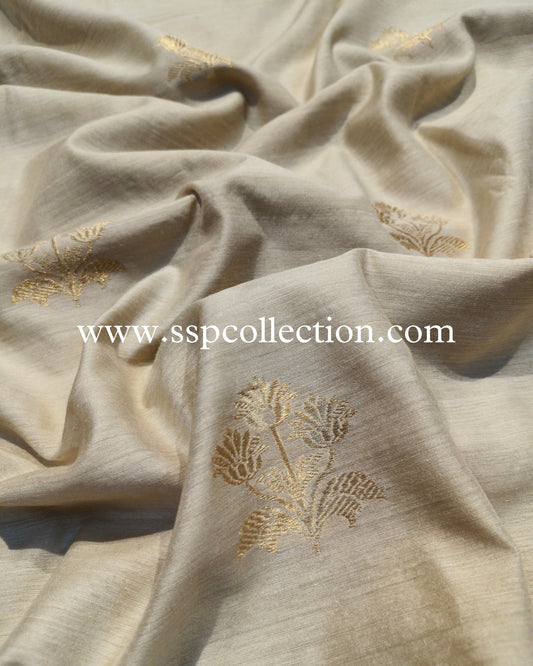 Beige-Gold Pure Monga Silk Banarasi Fabric