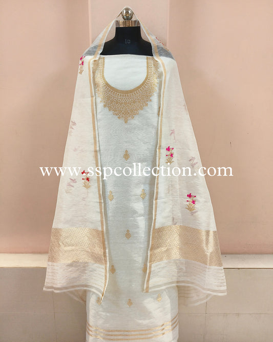 White Pure Linen Meenakaari Banarasi Suit