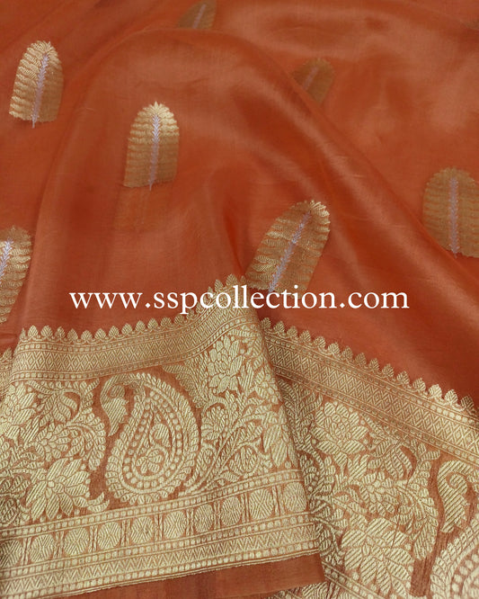 Burnt-Orange Pure Kora Silk Banarasi Saree