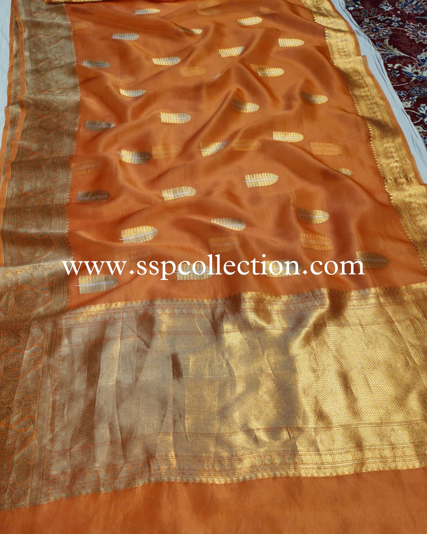 Burnt-Orange Pure Kora Silk Banarasi Saree