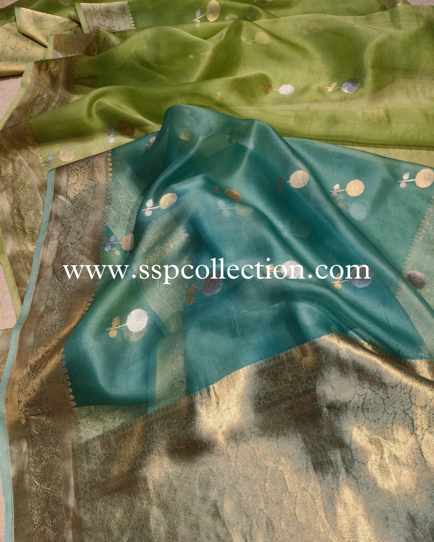 Green & Sea-Green Pure Kora Silk Banarasi Saree