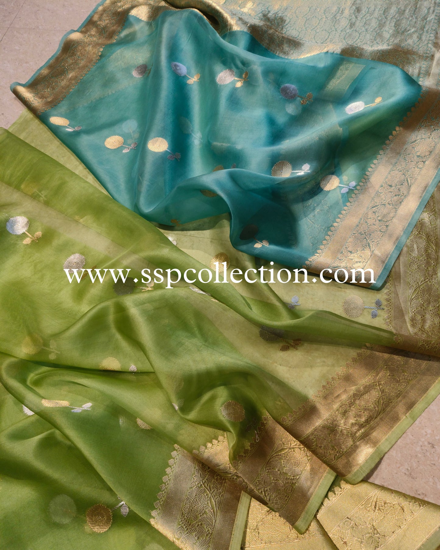 Green & Sea-Green Pure Kora Silk Banarasi Saree