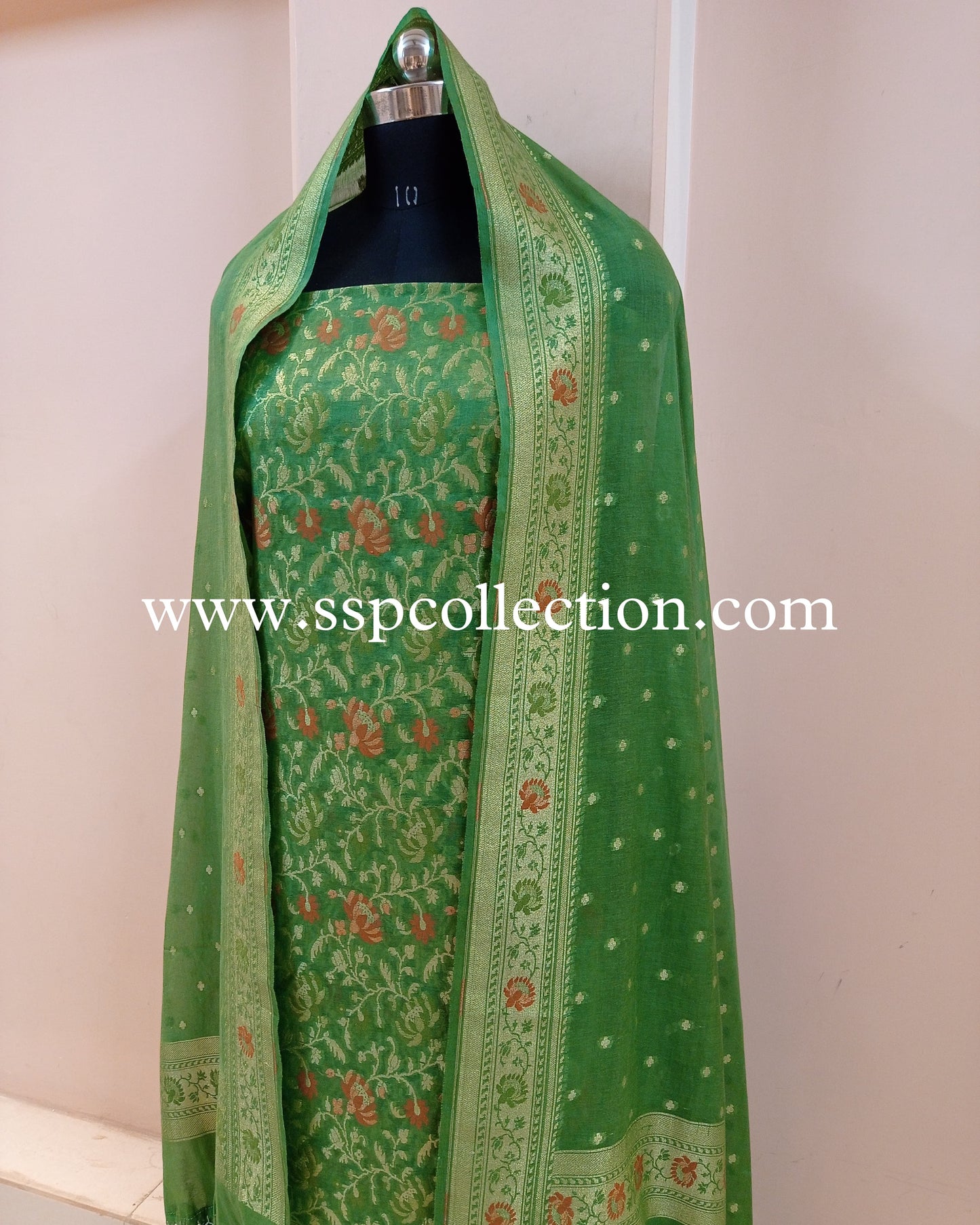 Green Premiuim Cotton Jamdani Pattern Banarasi Suit