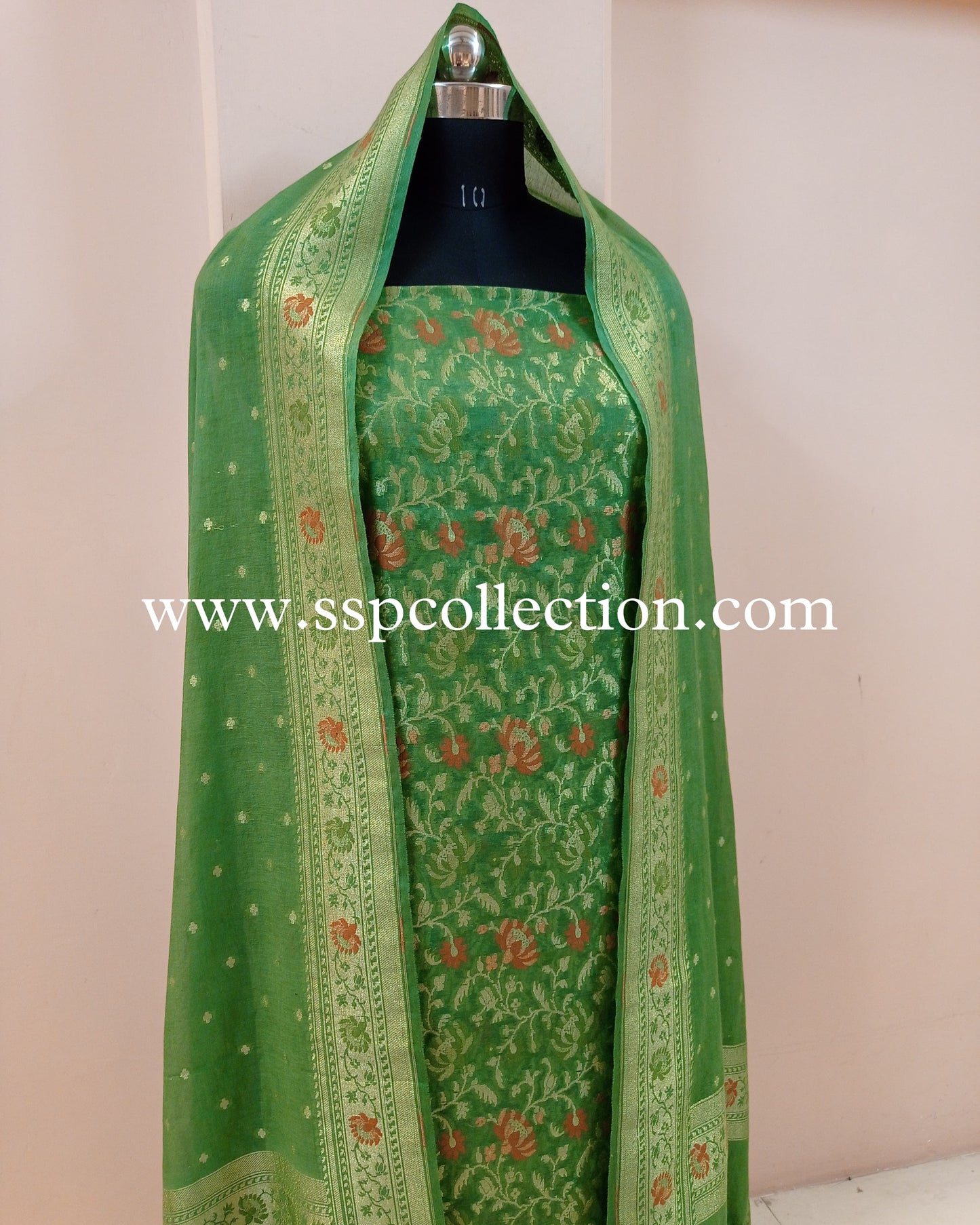 Green Premiuim Cotton Jamdani Pattern Banarasi Suit