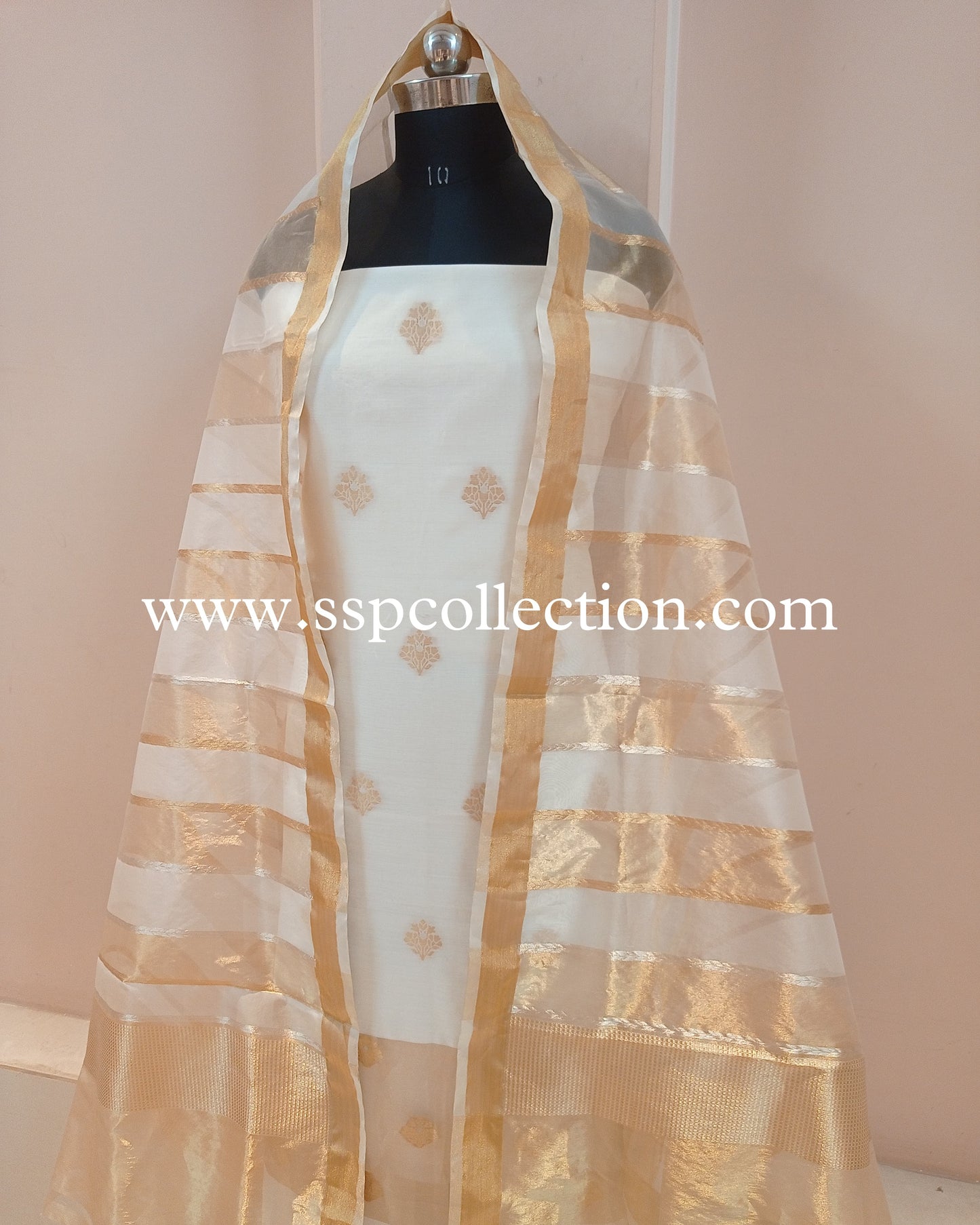 White Handwoven Pure Banarasi Suit