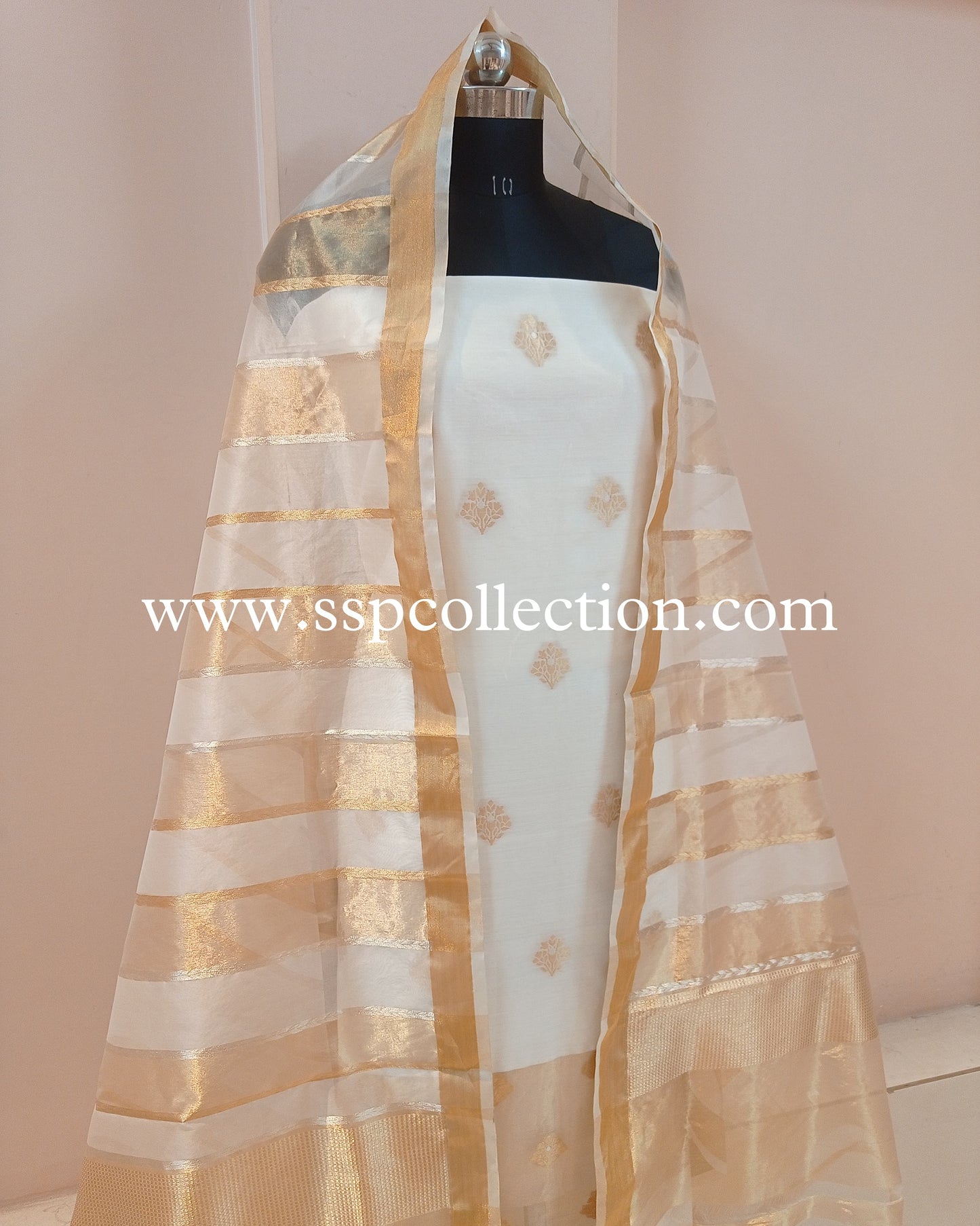 White Handwoven Pure Banarasi Suit