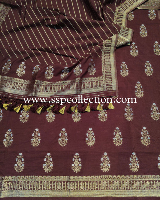 Wine Banarasi Premium Cotton Silk Suit.