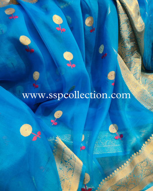 Sky-Blue Pure Kora Silk Banarasi Saree