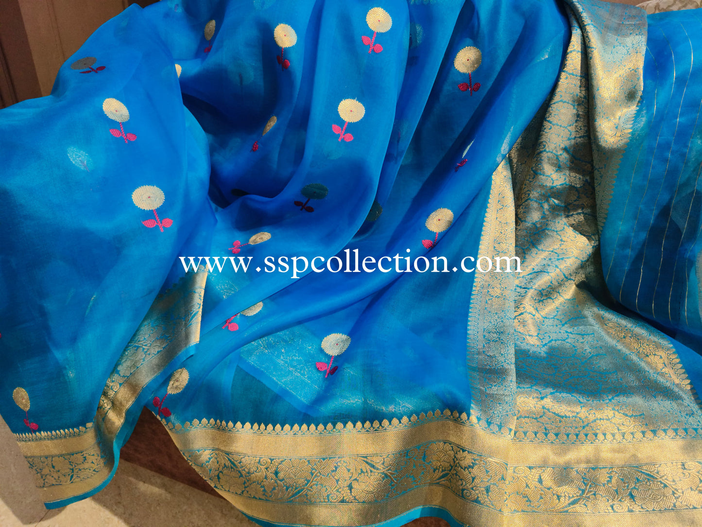 Sky-Blue Pure Kora Silk Banarasi Saree