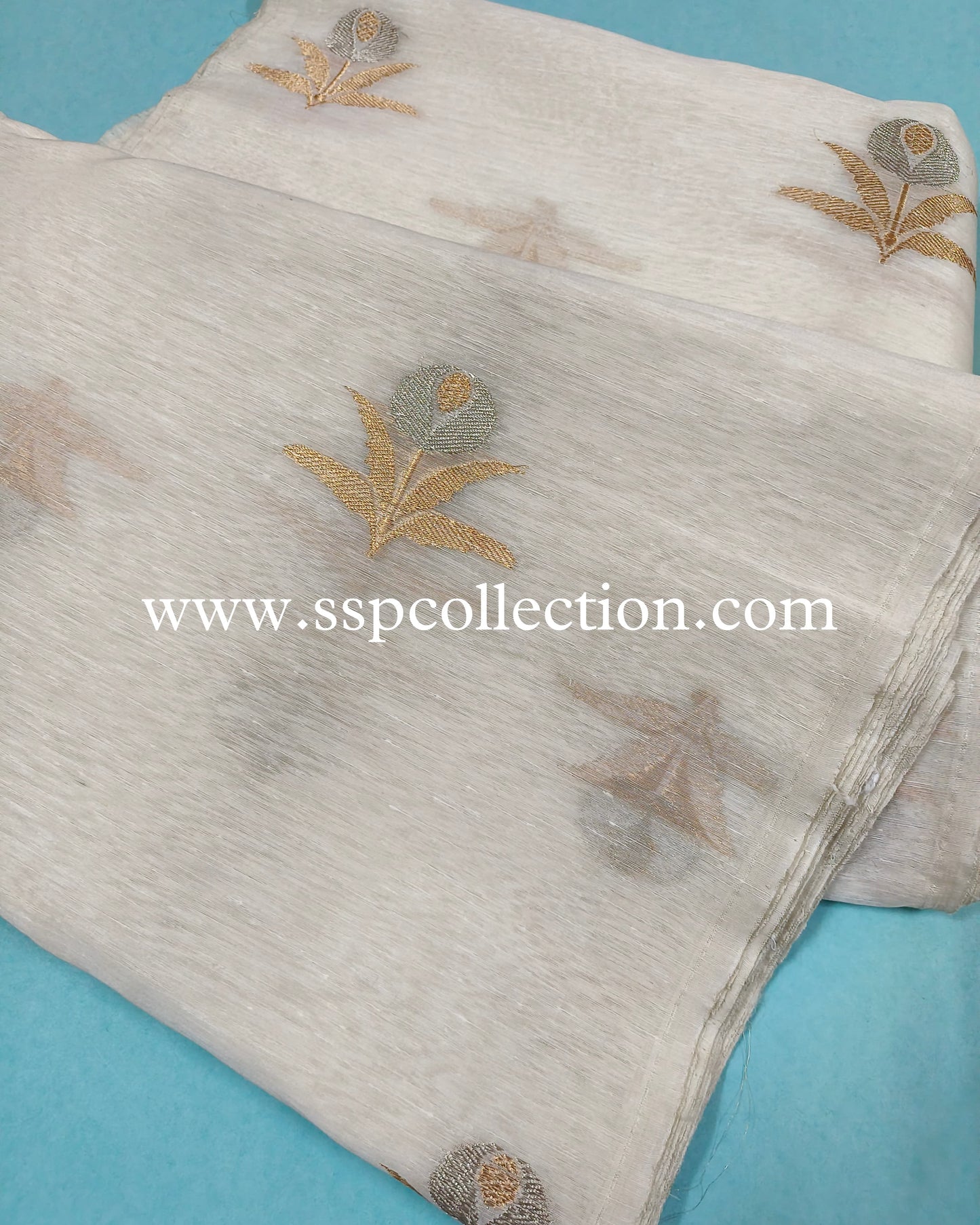 White Pure Linen Banarasi Fabric