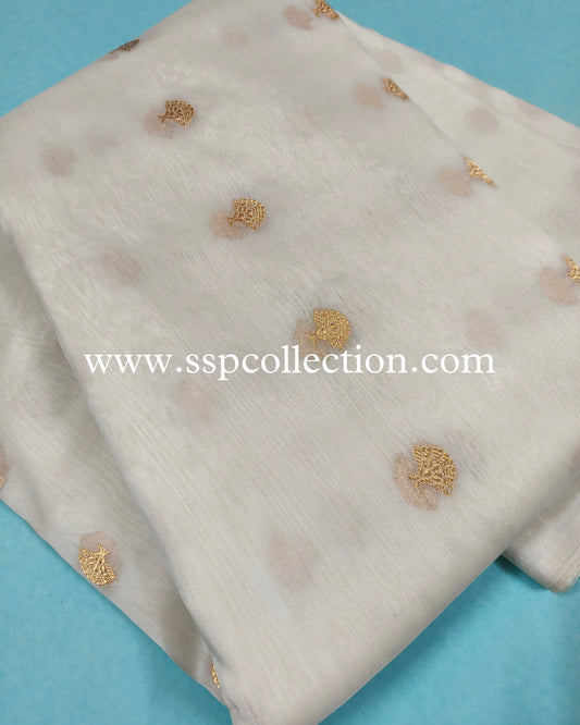 White Pure Kora Silk Banarasi Fabric