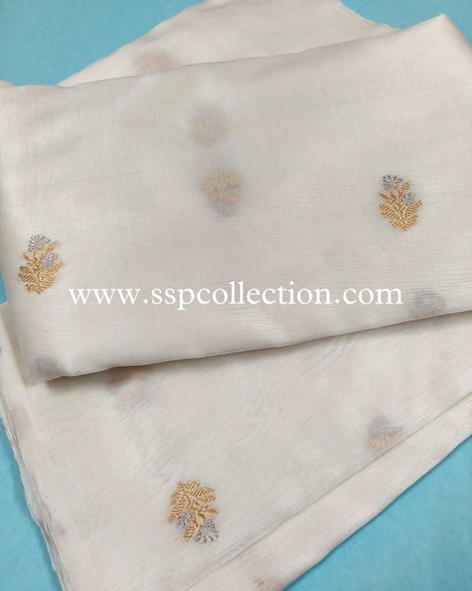 White Pure Kora Silk Banarasi Fabric