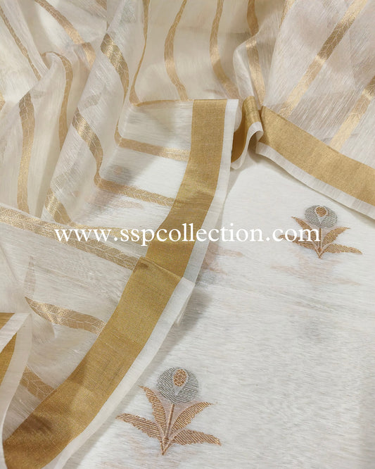 White Pure Linen Banarasi Suit