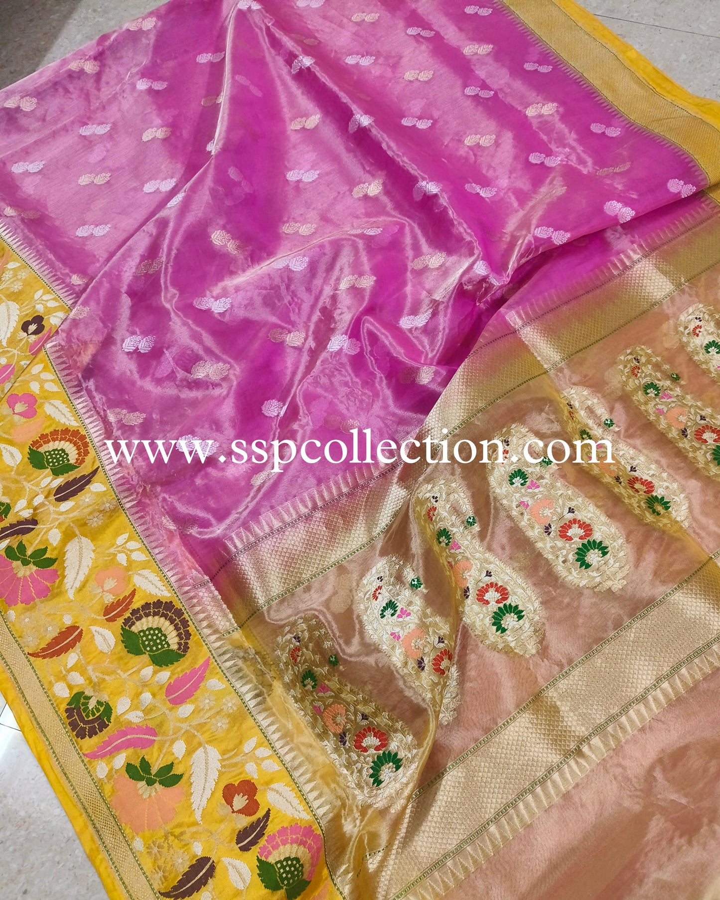 Yellow-Pink Pure Tissue Silk Banarasi Saree