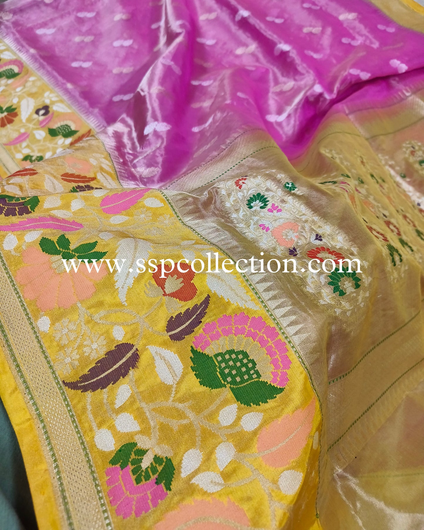 Yellow-Pink Pure Tissue Silk Banarasi Saree