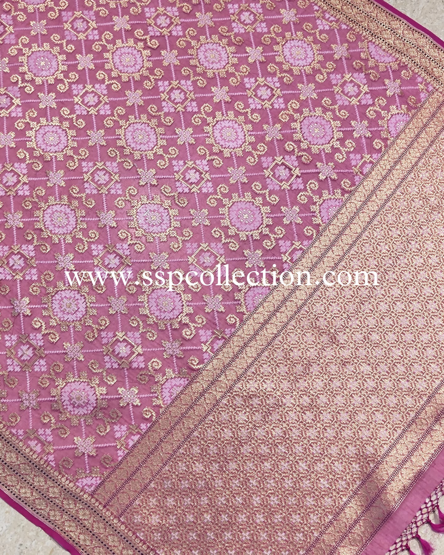 Tulip-Pink Pure Kora Alfi Jamdani Banarasi Saree