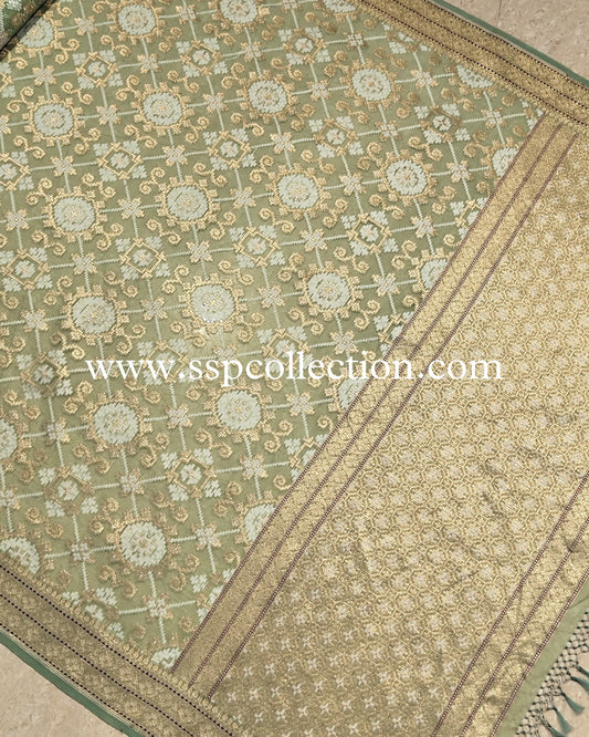 Hazel-Green Pure Kora Alfi Jamdani Banarasi Saree