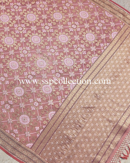 Dusty-Rose Pure Kora Alfi Jamdani Banarasi Saree