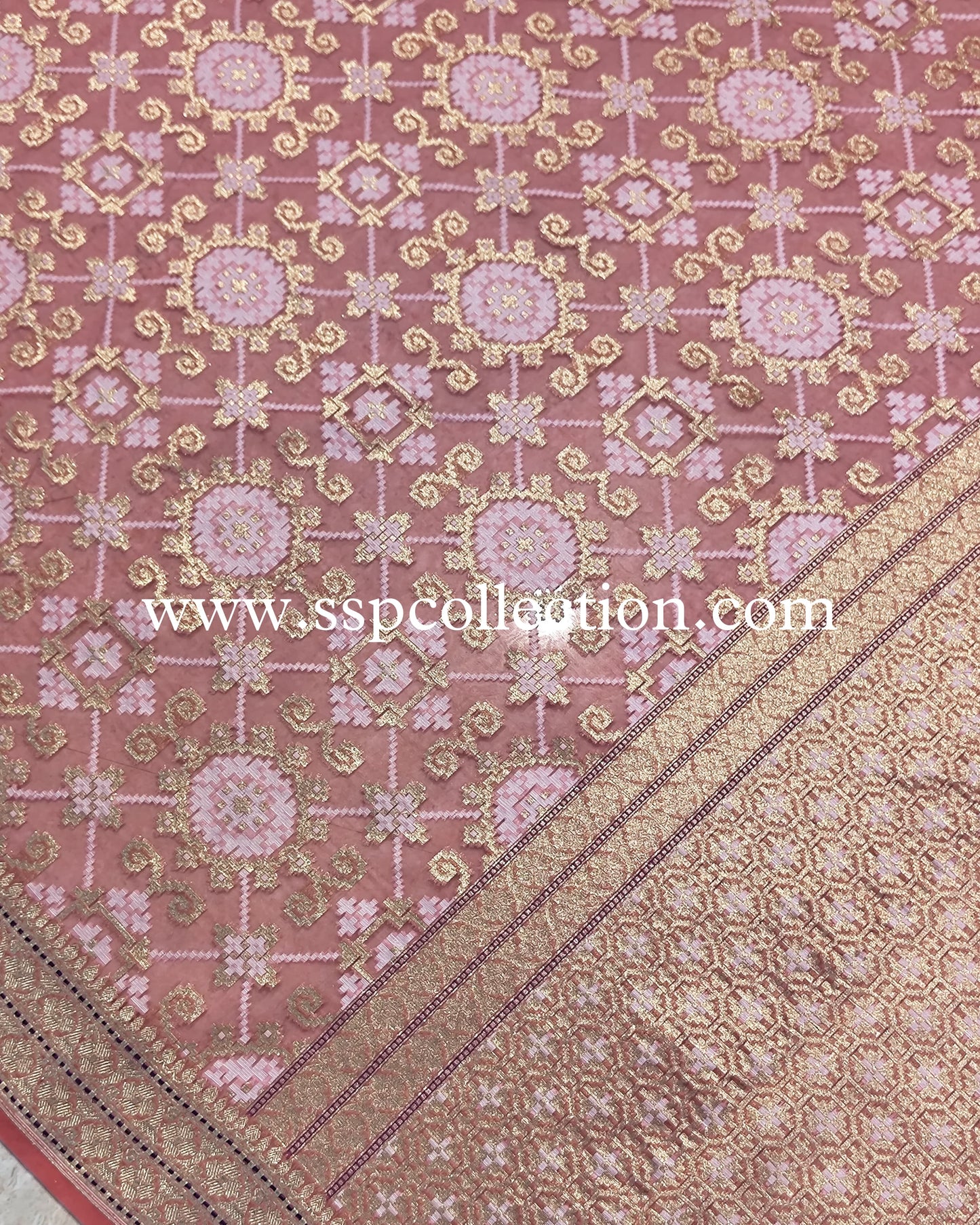 Dusty-Rose Pure Kora Alfi Jamdani Banarasi Saree