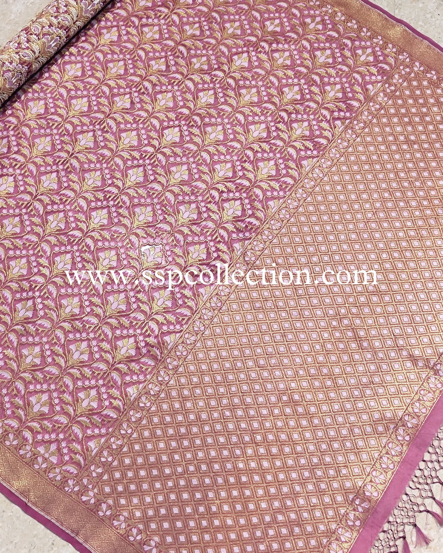 Onion-Pink Pure Kora Alfi Jamdani Banarasi Saree