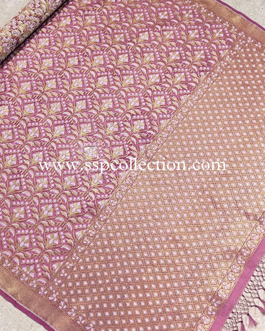 Onion-Pink Pure Kora Alfi Jamdani Banarasi Saree