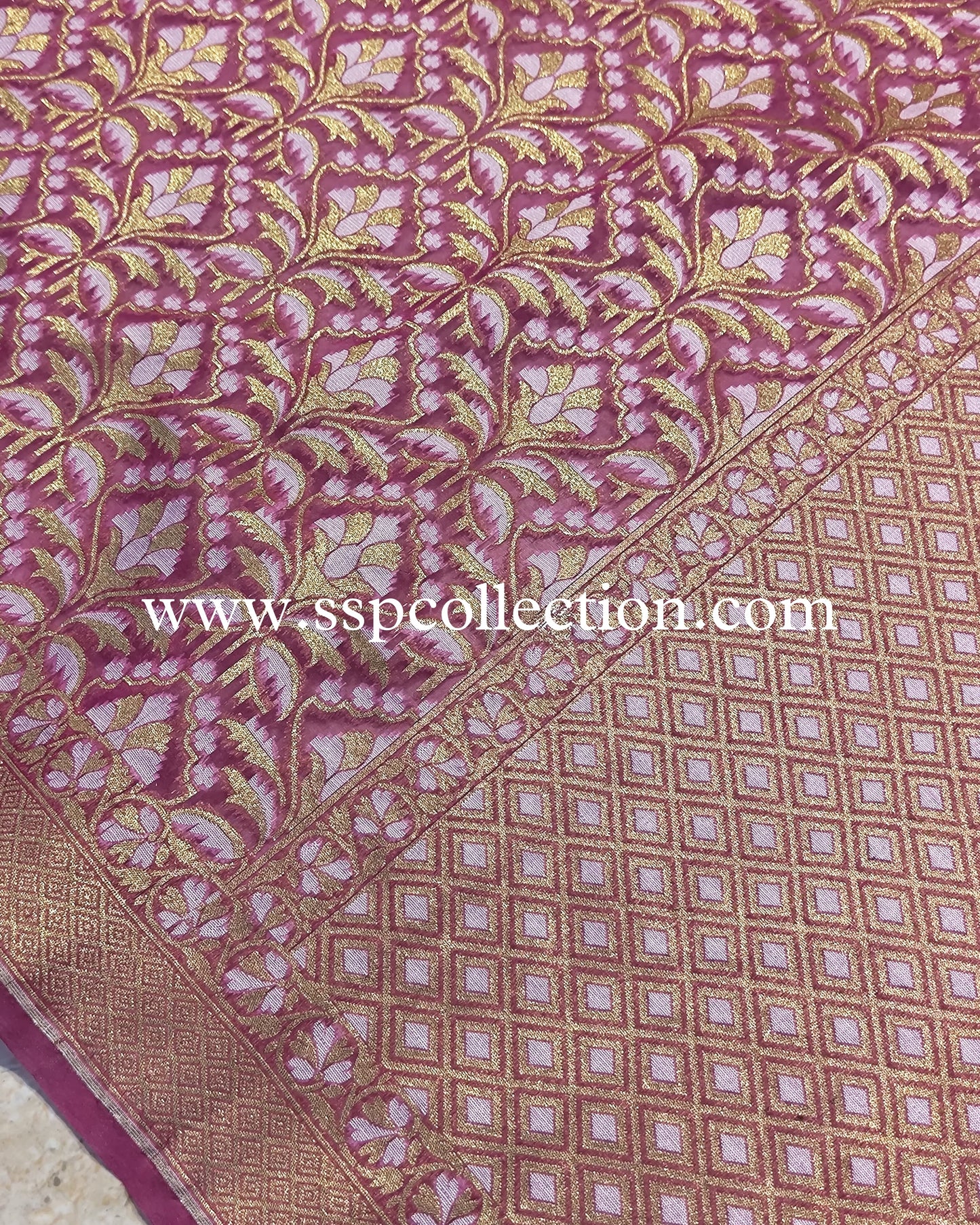 Onion-Pink Pure Kora Alfi Jamdani Banarasi Saree