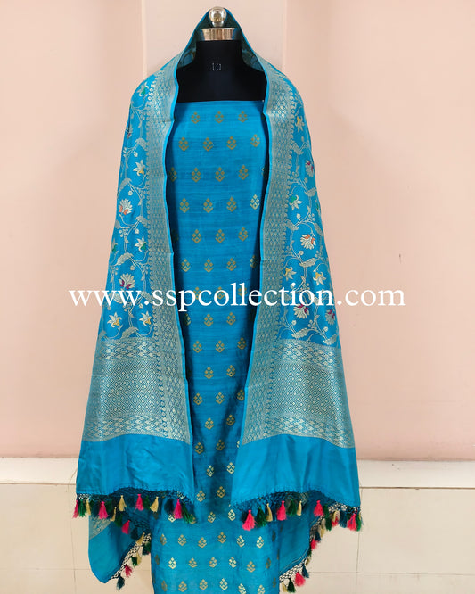 Pacific-Blue Banarasi Pure Silk Suit