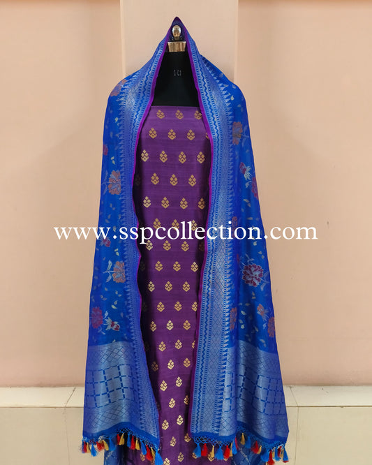 Purple-Blue Banarasi Pure Silk Suit