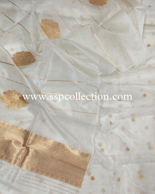 White Pure Kora Silk Banarasi Suit