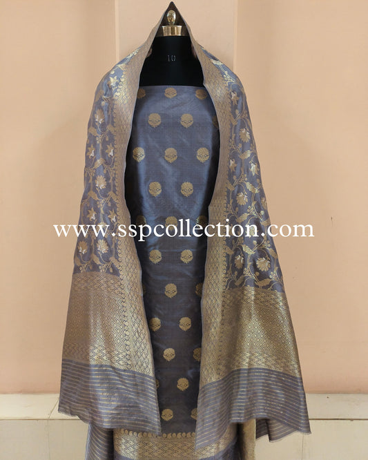 Grey Pure Katan Silk Banarasi Suit