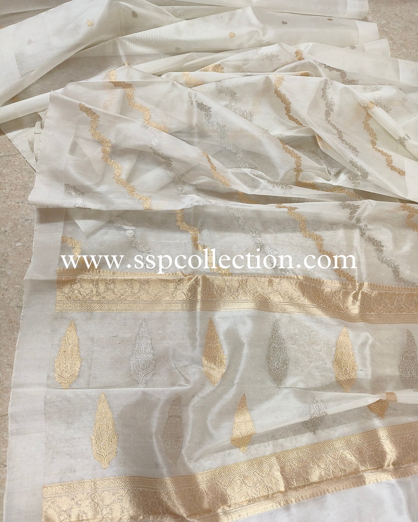 White Pure Kora Silk Banarasi Saree