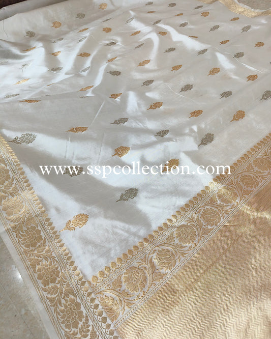 White Pure Mango Silk Banarasi Saree