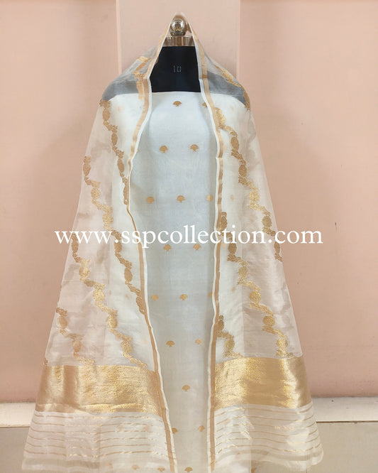 White Pure Kora Silk Banarasi Suit