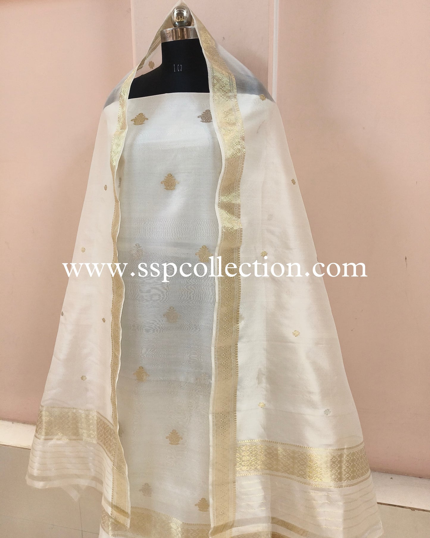 White Pure Kora Silk Banarasi Suit