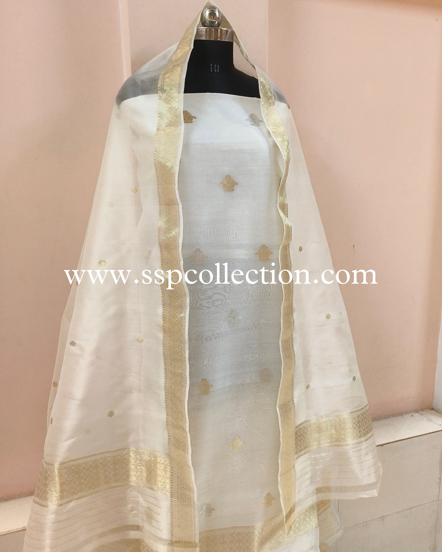 White Pure Kora Silk Banarasi Suit