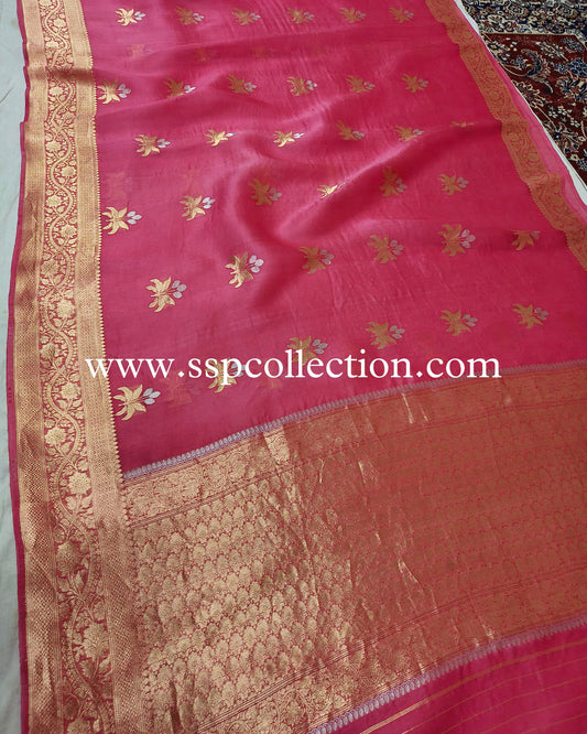 Deep-Rose Pure Kora Silk Banarasi Saree