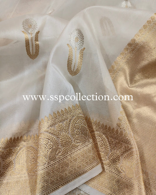 White Pure Kora Silk Banarasi Saree