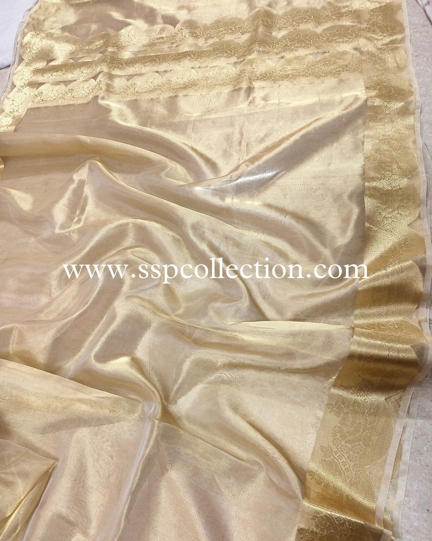 Gold Scallop Border Pure Tissue Silk Banarasi Saree