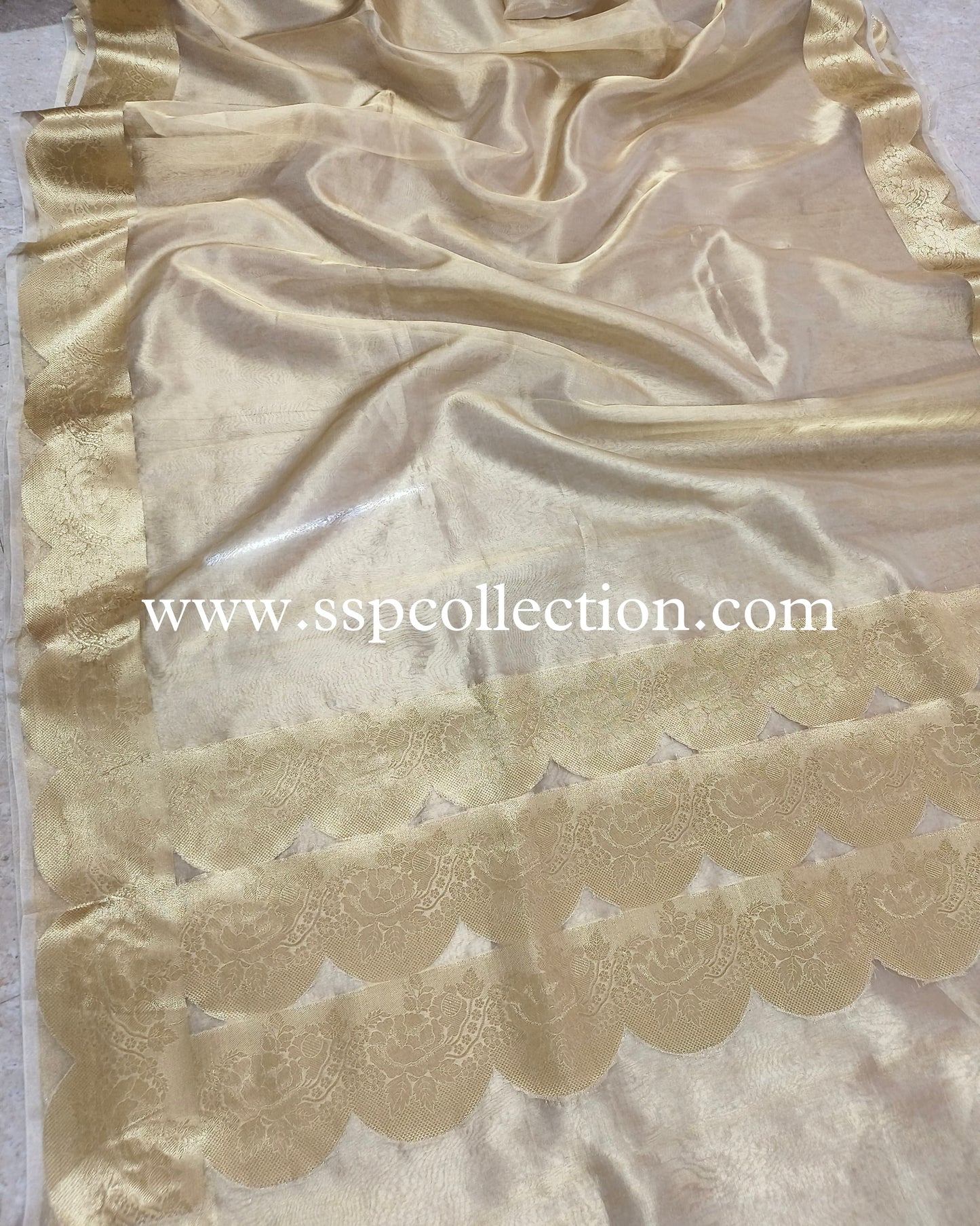 Gold Scallop Border Pure Tissue Silk Banarasi Saree