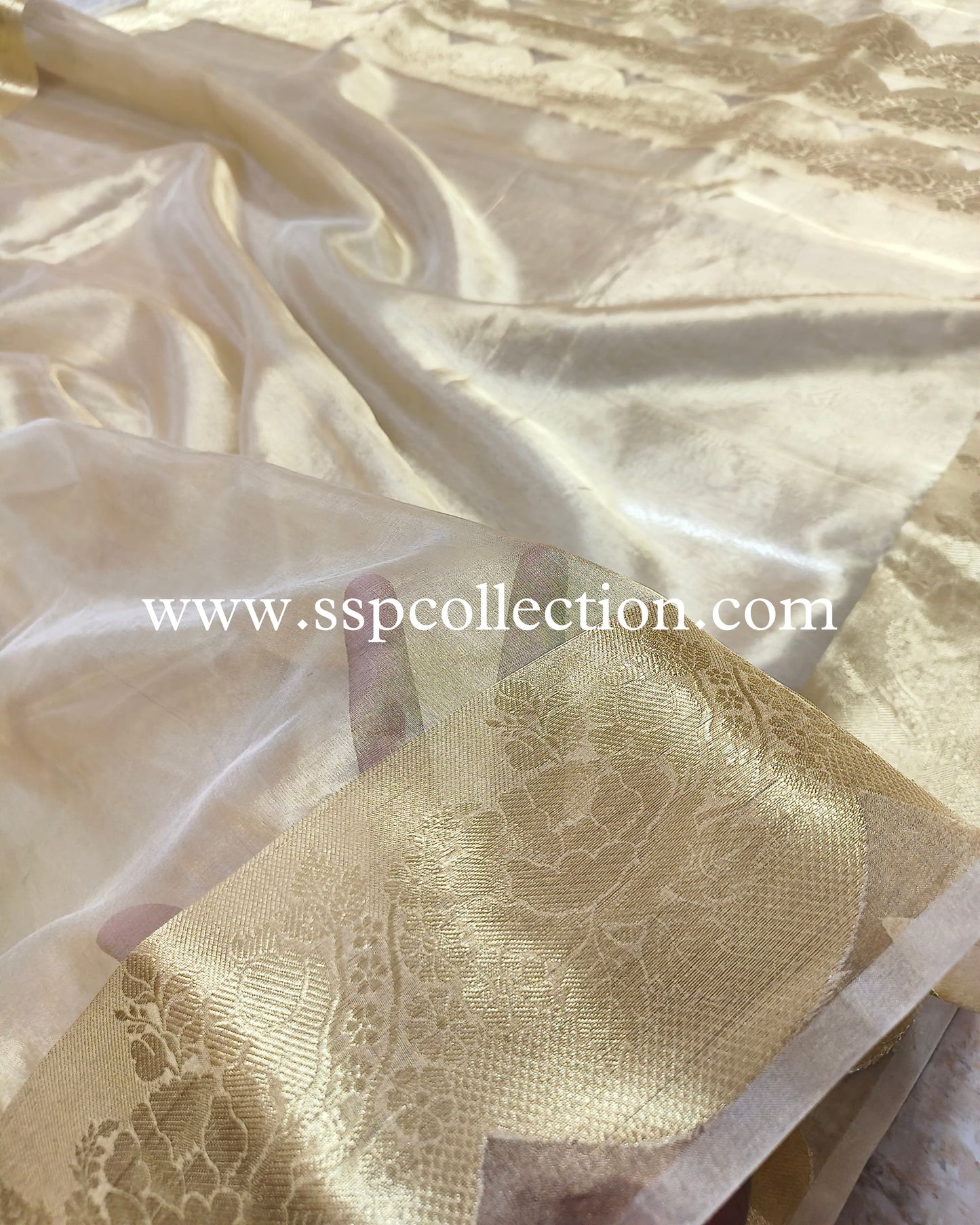 Gold Scallop Border Pure Tissue Silk Banarasi Saree