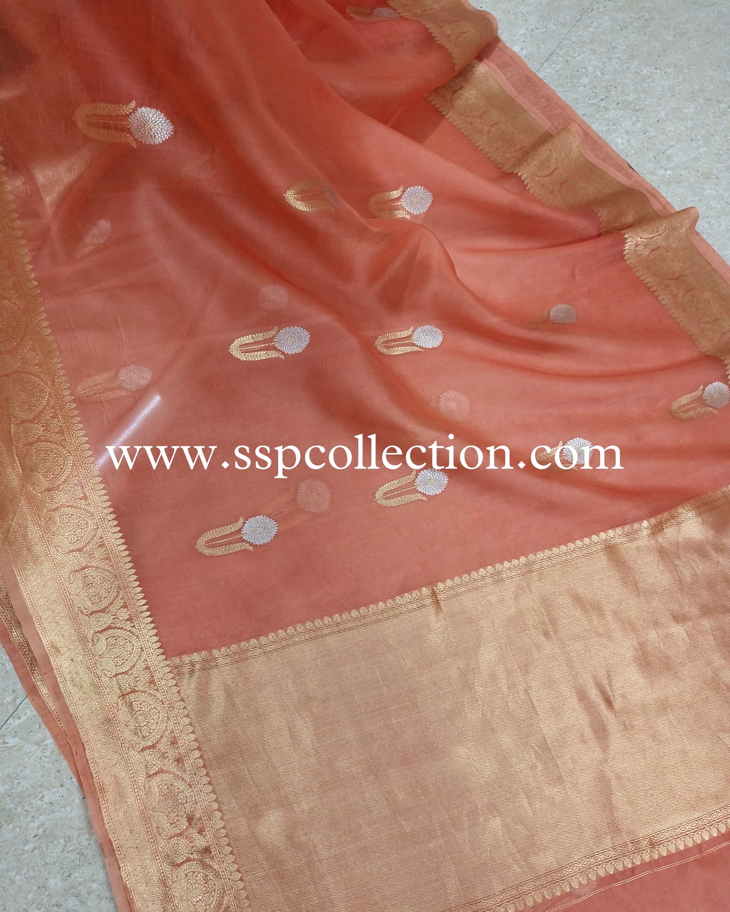 Peach Pure Kora Silk Banarasi Saree