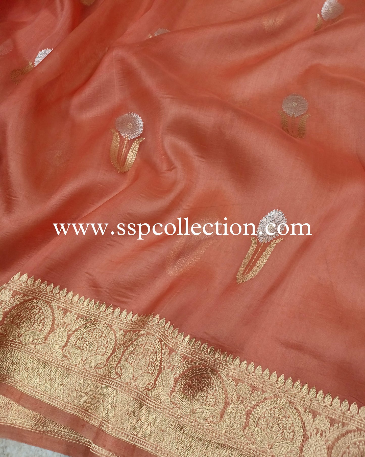 Peach Pure Kora Silk Banarasi Saree