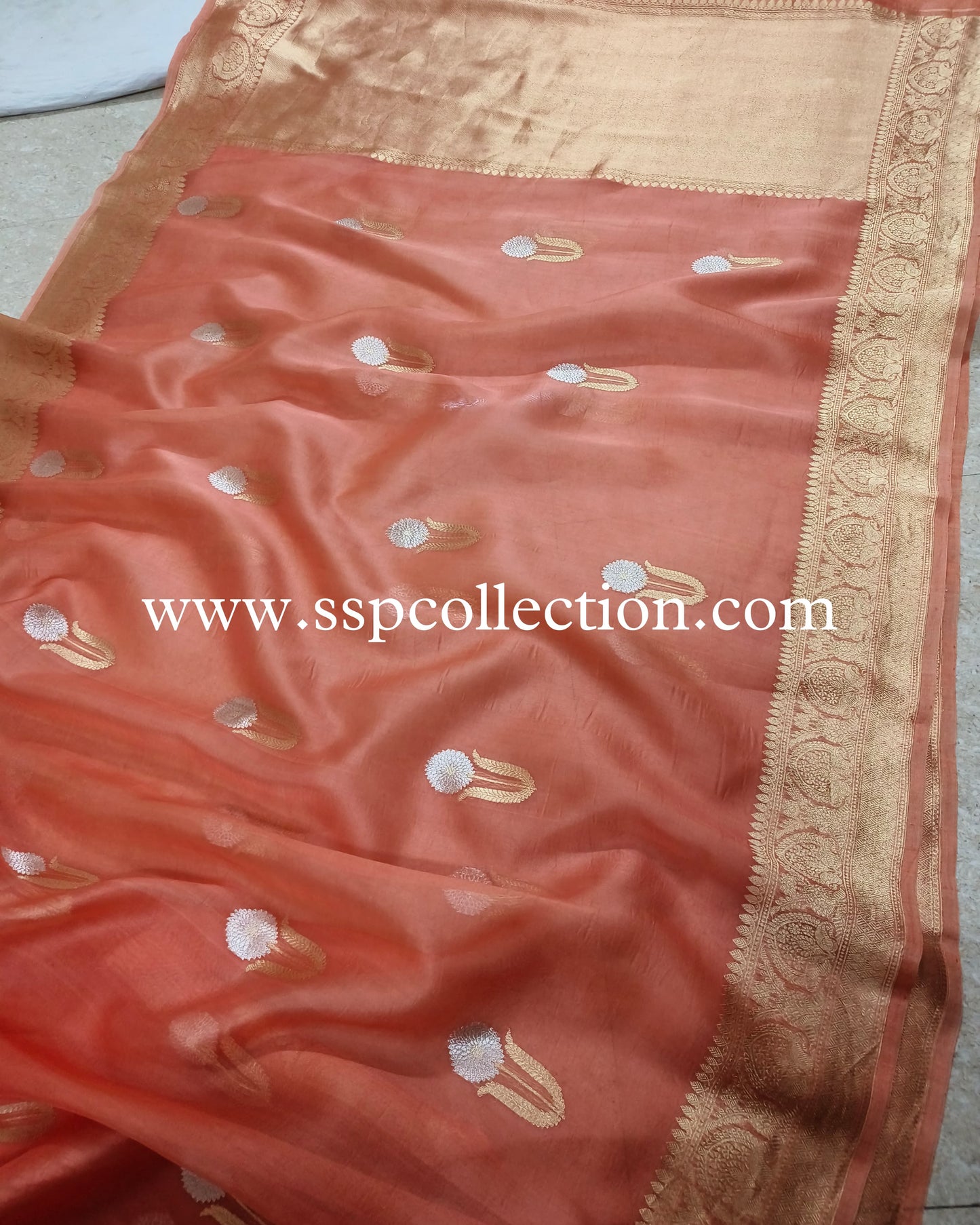 Peach Pure Kora Silk Banarasi Saree