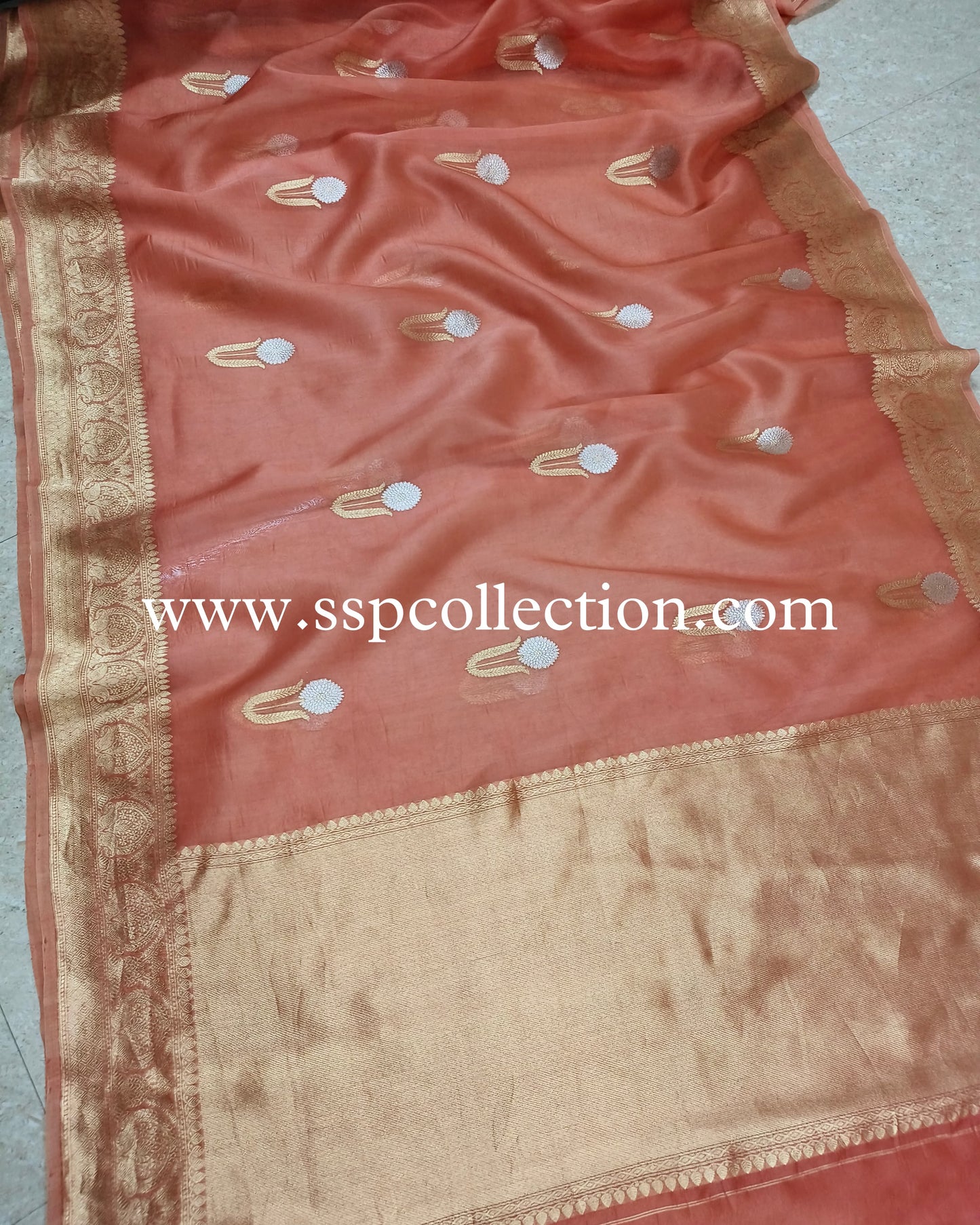 Peach Pure Kora Silk Banarasi Saree