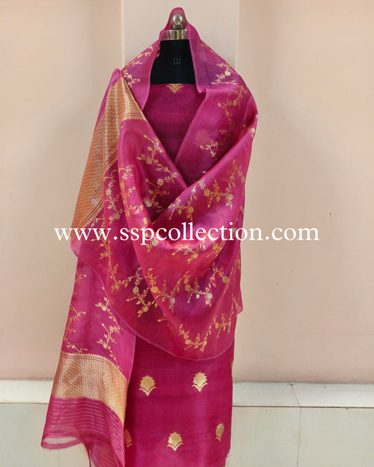 Dark-Pink Pure Kora Silk Banarasi Suit