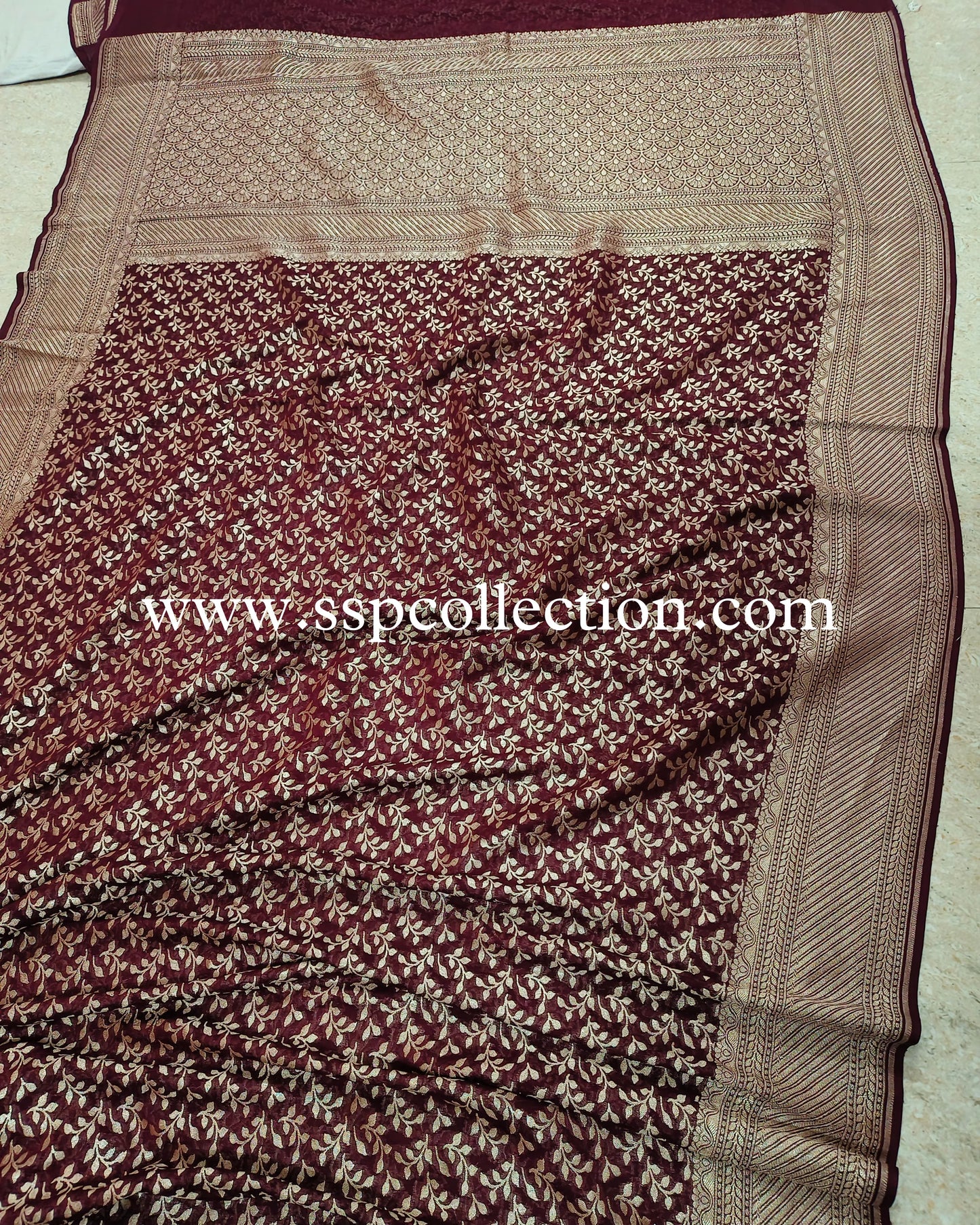 Dark-Maroon Pure Georgette Tanchoi Banarasi Saree