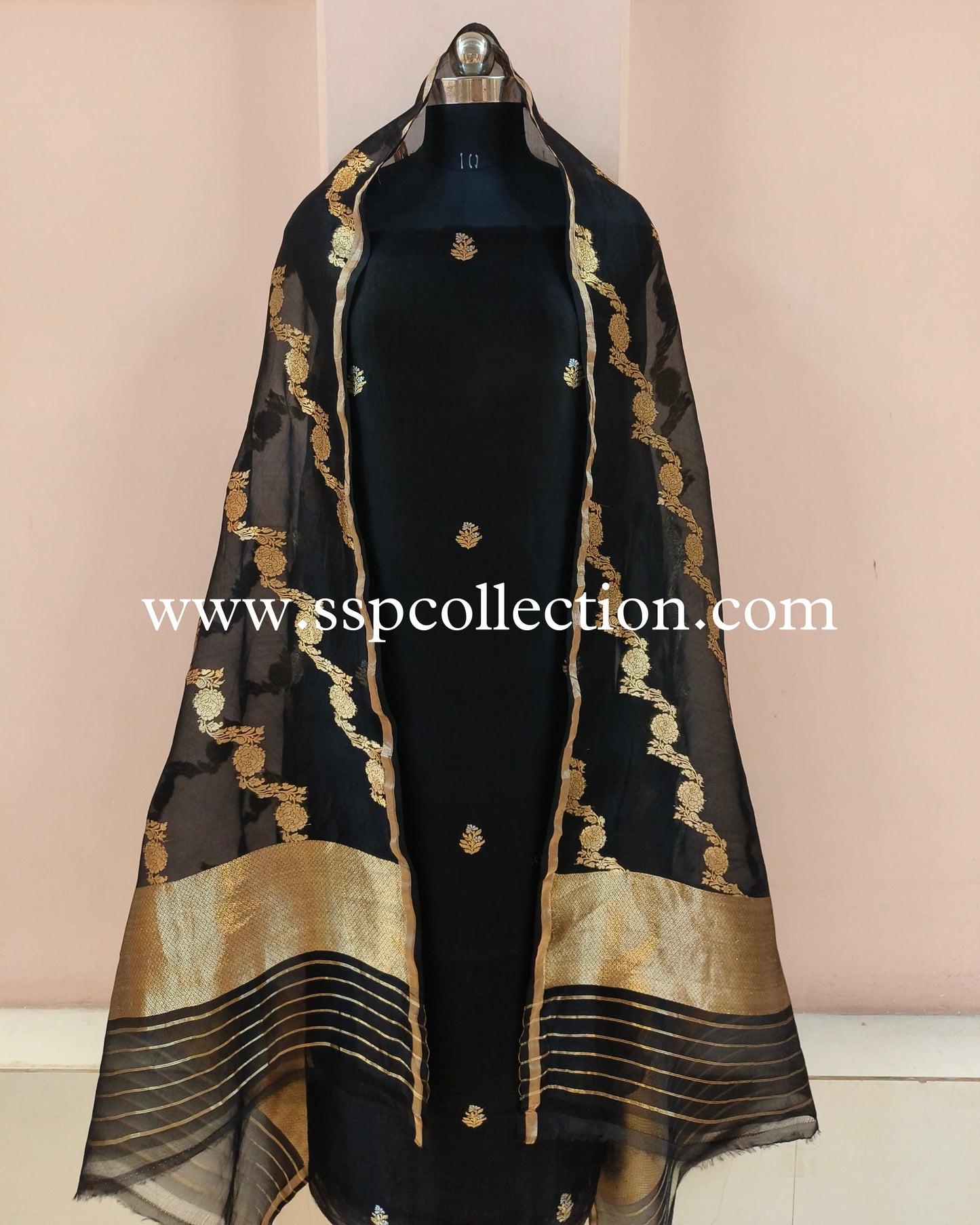 Black Pure Kora Silk Banarasi Suit