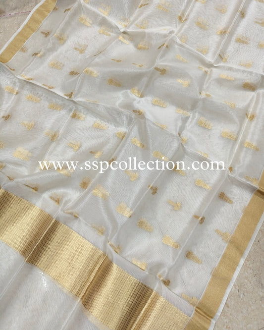 White Pure Kora Silk Banarasi Dupatta