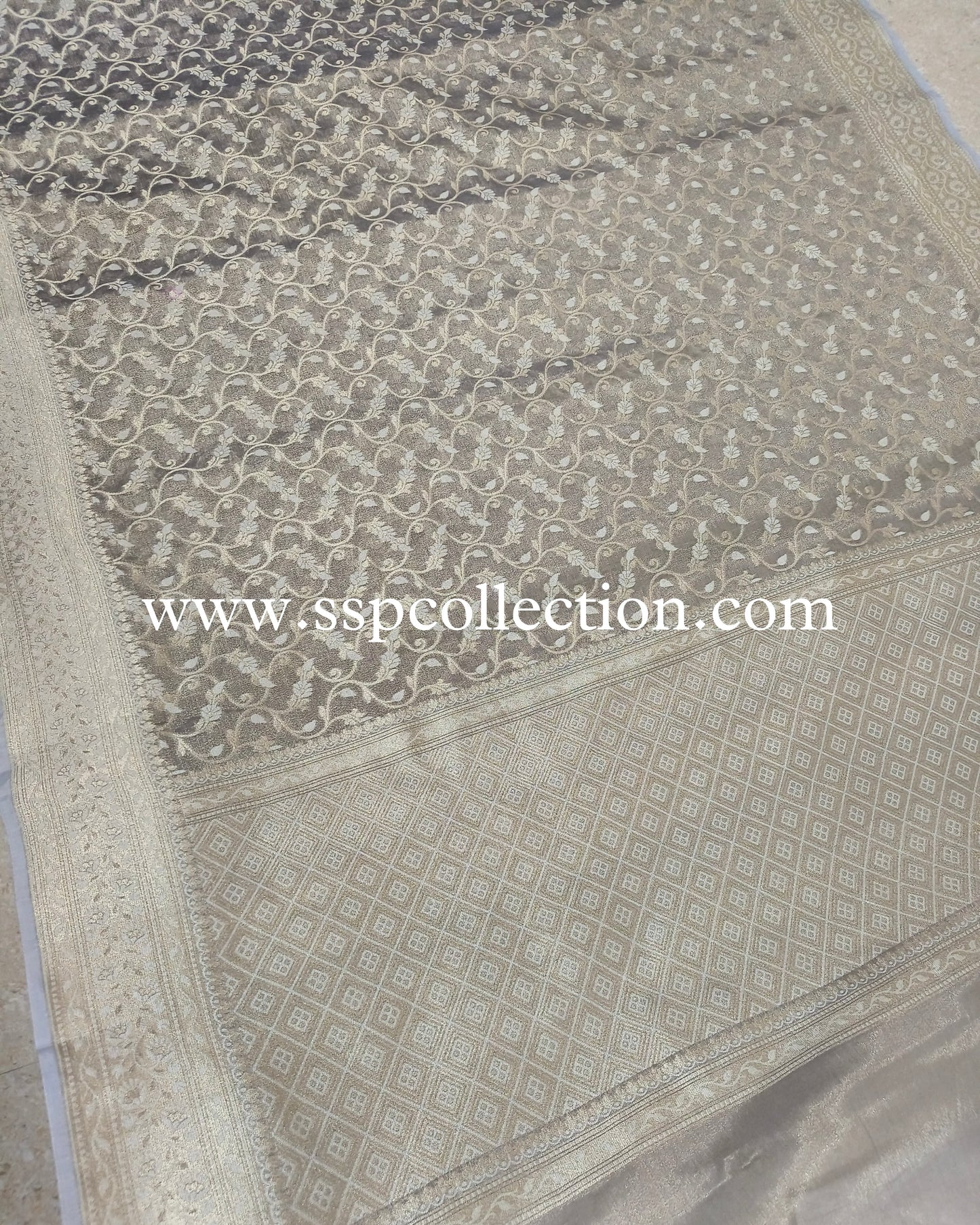 Light-Grey Premium Cotton-Tissue Alfi Banarasi Saree